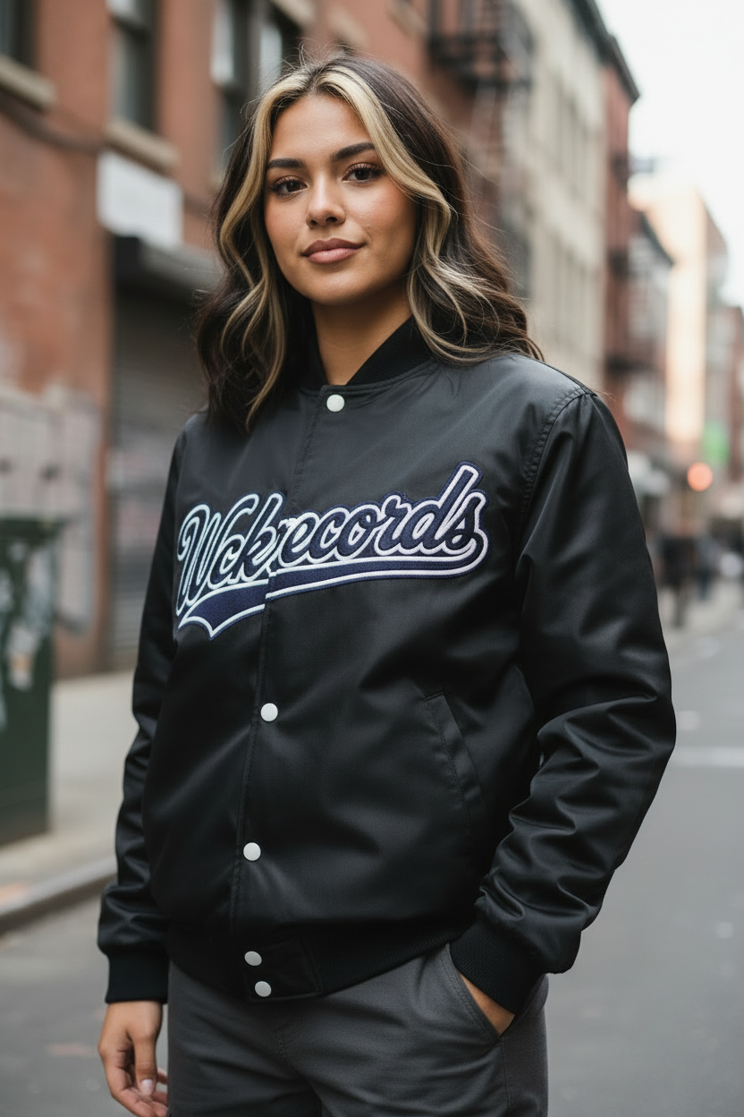 Close-up of model wearing Wckrecords jacket