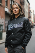 Close-up of model wearing Wckrecords jacket