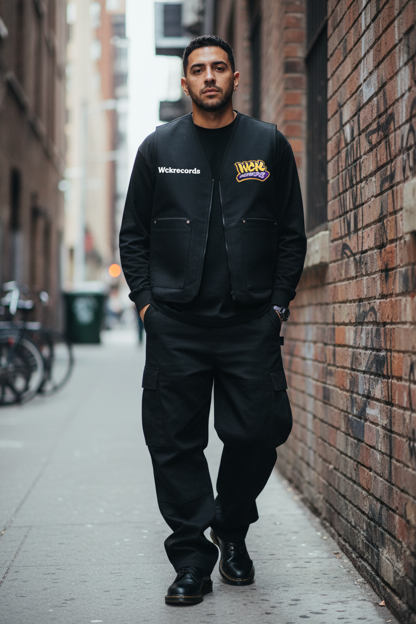 Hispanic male in Doc Martens wearing black Wckrecords vest