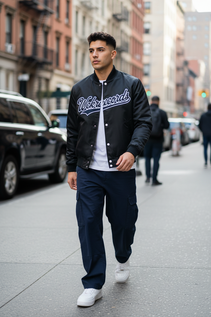 Hispanic model wearing Wckrecords jacket