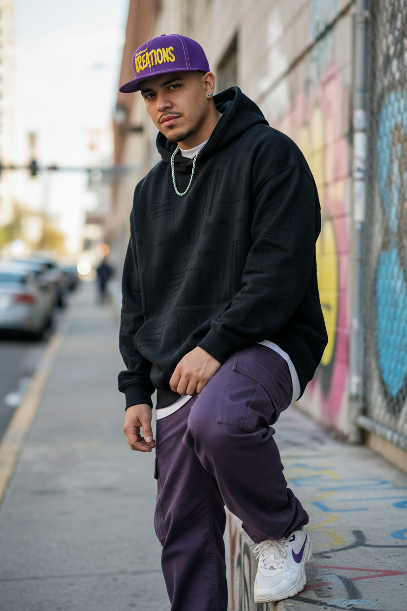 Model wearing all-purple Westcoast Kreations snapback